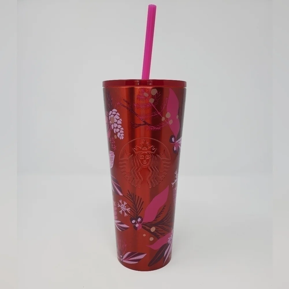 STARBUCKS NEW STAINLESS TUMBLER HOLIDAY 2021 RED & PINK COFFEE CUP BEVERAGE